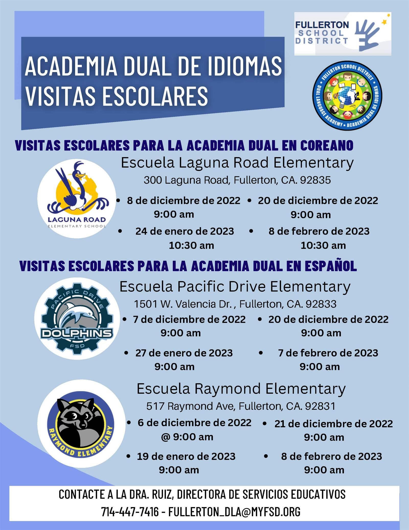 Spanish Dual Language Academy Tour Dates and Intent to Register 22-23  (Spanish)